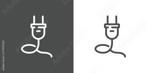Concepto energía eléctrica. Logotipo lineal enchufe eléctrico con cable como nudo en fondo gris y fondo blanco
