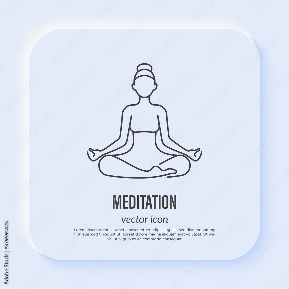 Young girl in lotus pose. Meditation symbol, inner balance, yoga school. Thin line icon. Vector illustration. Young girl in lotus pose. Meditation symbol, inner balance, yoga school. Thin line icon. Vector illustration.