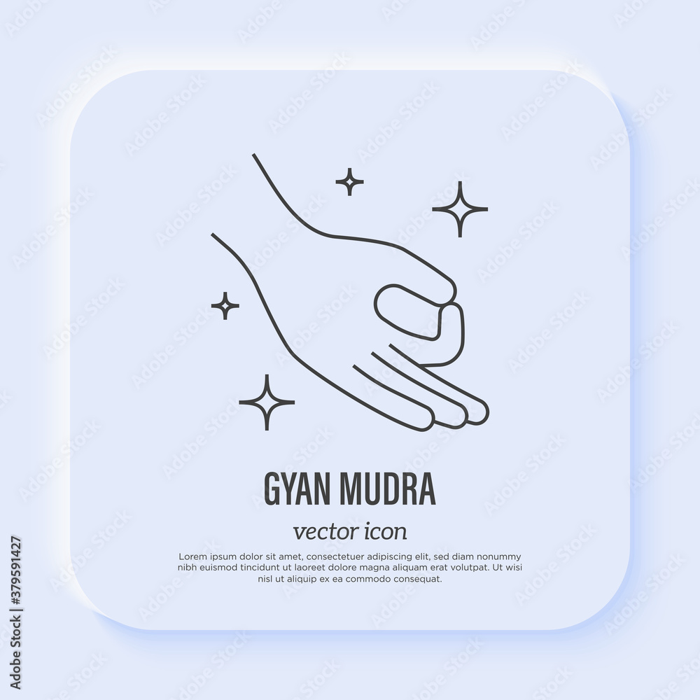 Gyan mudra, yoga hand gesture. Thin line icon. Symbol of concentaration, calmness, tranquillity. Vector illustration. Gyan mudra, yoga hand gesture. Thin line icon. Symbol of concentaration, calmness, tranquillity. Vector illustration.