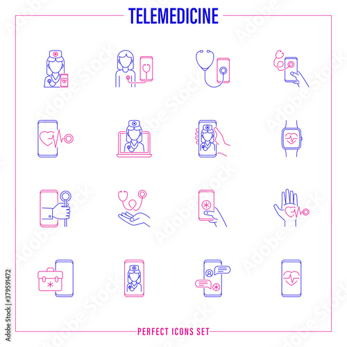 Telemedicine thin line icons set. Online consultation, non-contact diagnostics, medical mobile app, medical support, ask doctor, video call with therapist. Vector illustration.