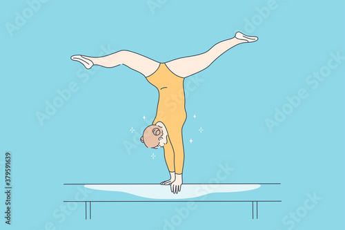 Sport, perfomance, gymnastics concept. Young professional woman girl gymnast cartoon character hand standing on balance beam balancing on tournament. Active lifestyle and flexibility illustration.