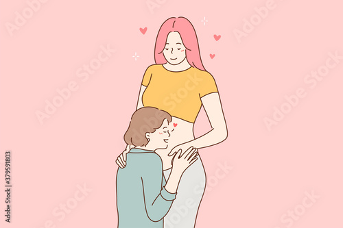 Love, couple, pregnancy, lgbtq concept. Young woman girl lesbian cartoon character kissing stomach of pregnant homosexual girlfriend wife partner. Good news and motherhood happiness illustration.