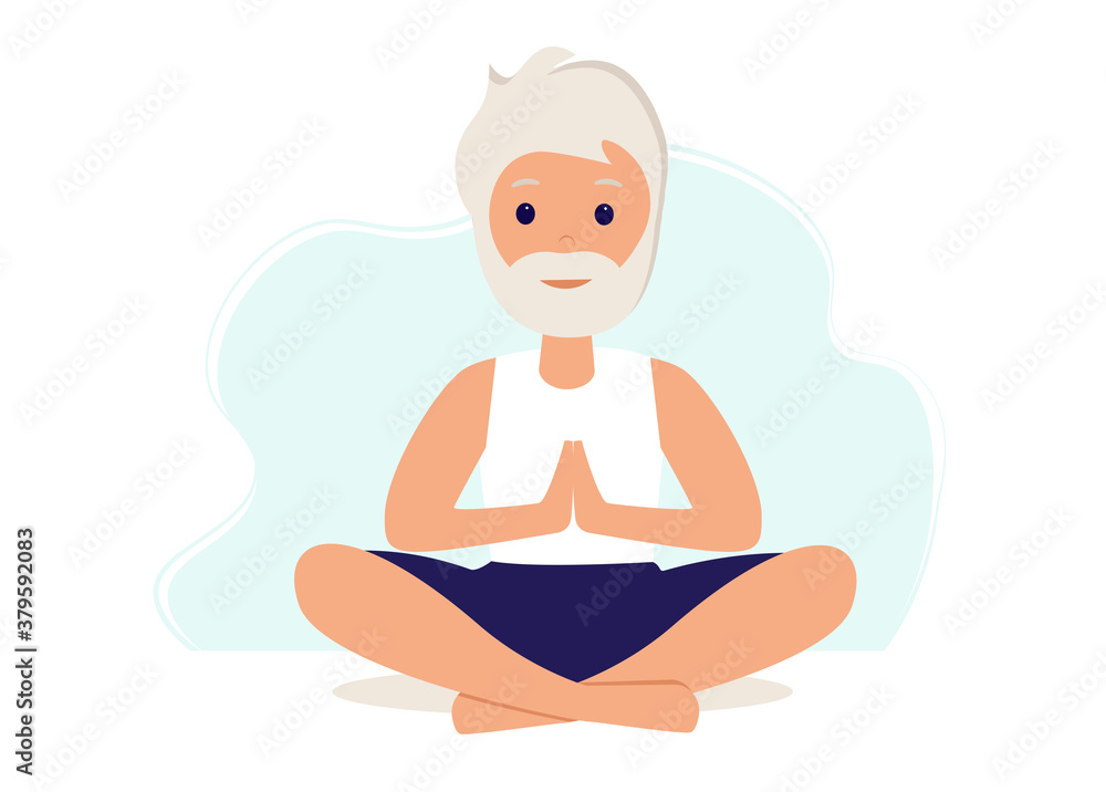 Senior man in yoga lotus practices meditation. Yoga practice. Vector illustration in flat style. Old man meditating Senior man in yoga lotus practices meditation. Yoga practice. Vector illustration in flat style. Old man meditating