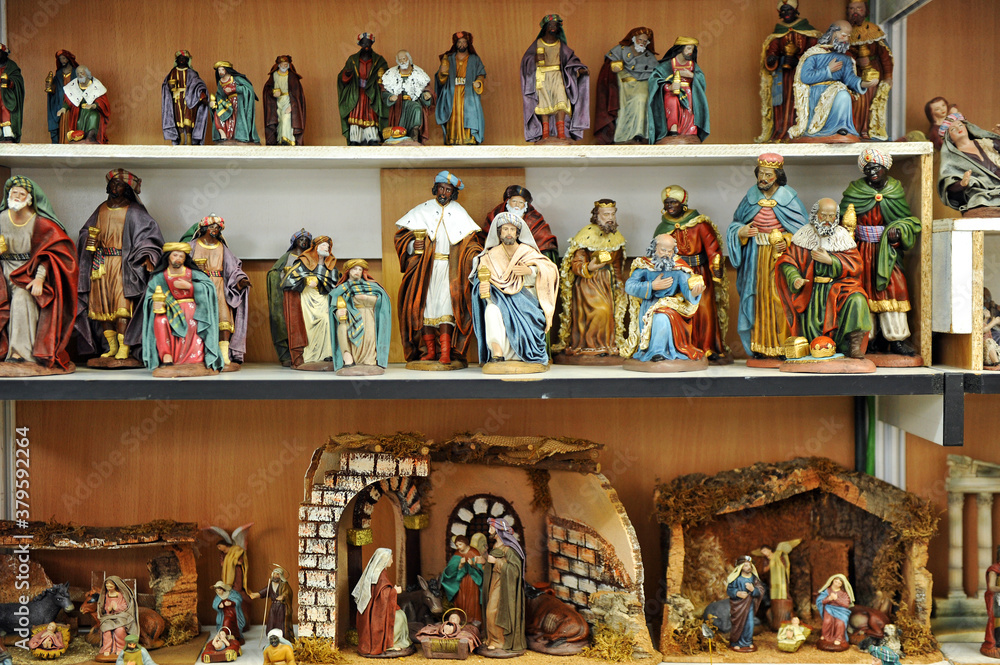 
Figures of the Nativity Scene - Bethlehem, traditional Christmas market in Seville, Spain
