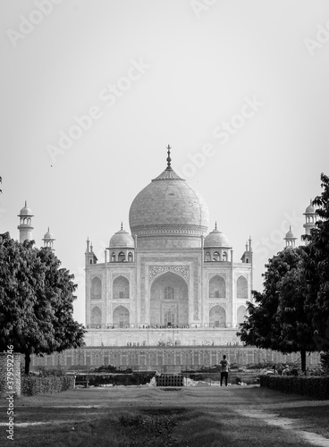 Black and White view of Taj Mahal in India from Mehtab Bagh (Moonlight Garden). photo