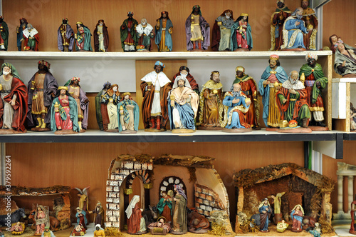  Figures of the Nativity Scene - Bethlehem, traditional Christmas market in Seville, Spain 