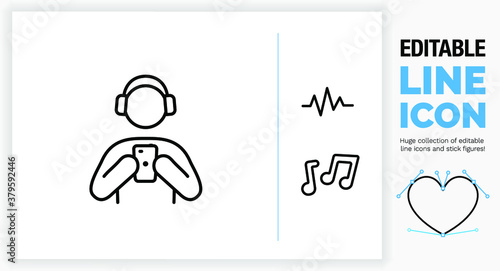 Editable line icon of a person listening to music on his headphone