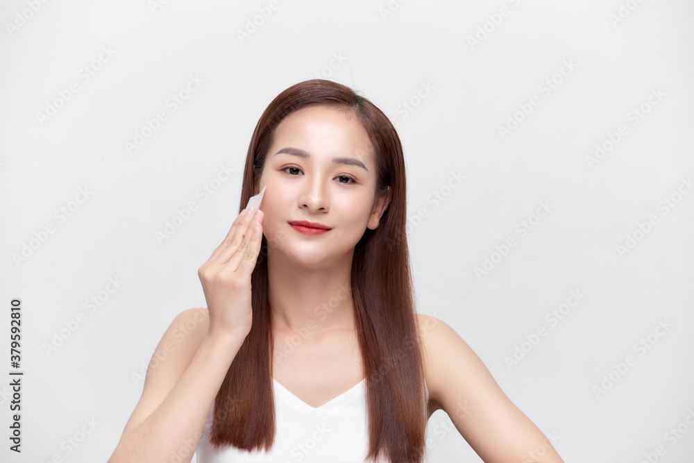 Beauty. Woman Cleaning Perfect Fresh Skin With Oil Absorbing Tissue, Sheets. Beauty. Woman Cleaning Perfect Fresh Skin With Oil Absorbing Tissue, Sheets.