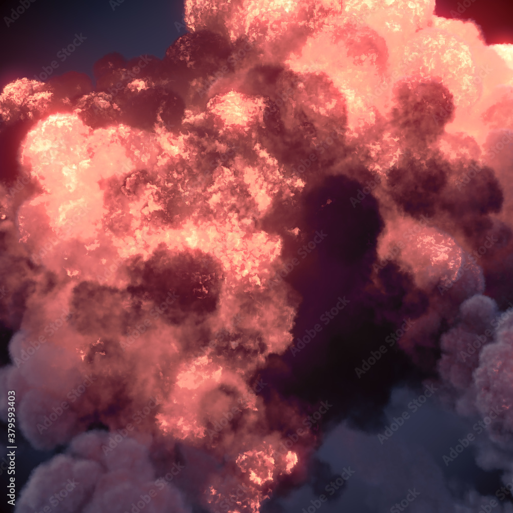 Giant fire explosions with dark smoke. 3d rendering illustration background