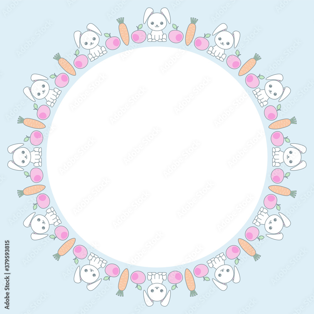 Cute decorative frame with cartoon funny rabbits. Childish background. Vector kawaii illustration EPS10