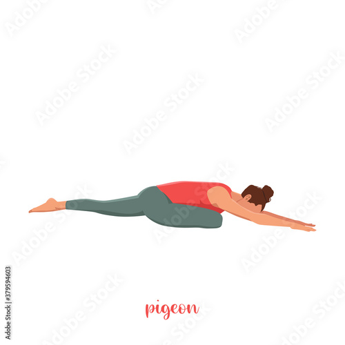 Pigeon Pose/ Eka Pada Rajakapotasana Yoga pose. Young woman practicing yoga / exercise. Woman workout fitness, aerobic and exercises. Vector Illustration.