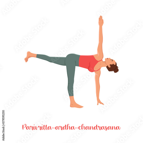 Parivrtta Ardha Chandrasana. Revolved Half Moon Pose isolated woman doing yoga on white background