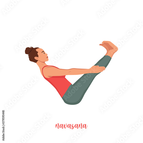 Yoga woman in Paripurna Navasana or Boat pose. Female cartoon character practicing Hatha yoga. Girl demonstrating exercise during gymnastics training. Flat vector illustration.
