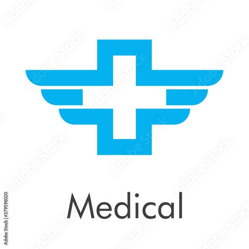 Concepto asistencia sanitaria. Emergencia. Logotipo con texto Medical con cruz lineal con alas en color azul