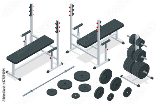 Isometric barbell and sports equipment icons set. Sports and healthy lifestyle. Bench press.