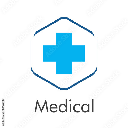 Concepto asistencia sanitaria. Logotipo con texto Medical con cruz en hexágono lineal en color azul