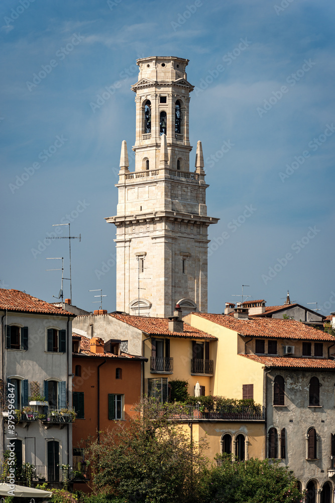 Bell tower of the Verona Cathedral (Duomo of Santa Maria Matricolare, VIII-XII century) in Verona Downtown, UNESCO world heritage site, Veneto, Italy, Europe.