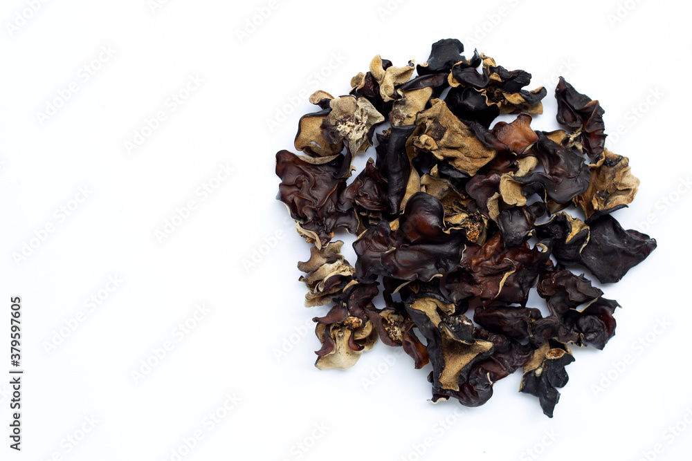 Dried black fungus on white background.