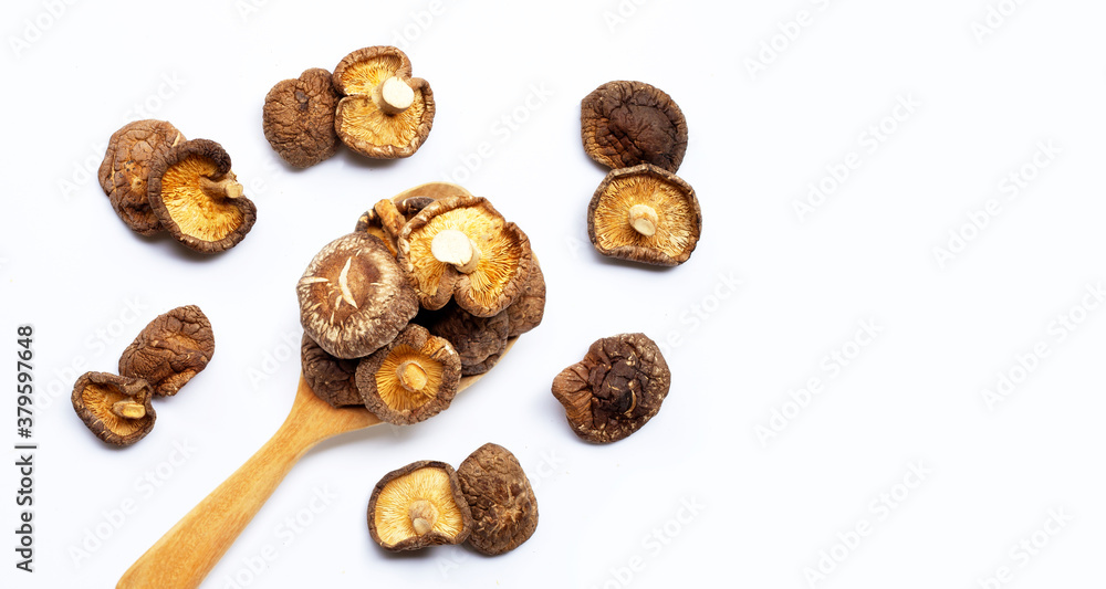 Dried shiitake mushrooms on white background. Dried shiitake mushrooms on white background.