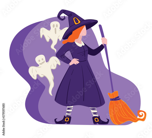 Halloween costume of witch and ghosts, holiday celebration