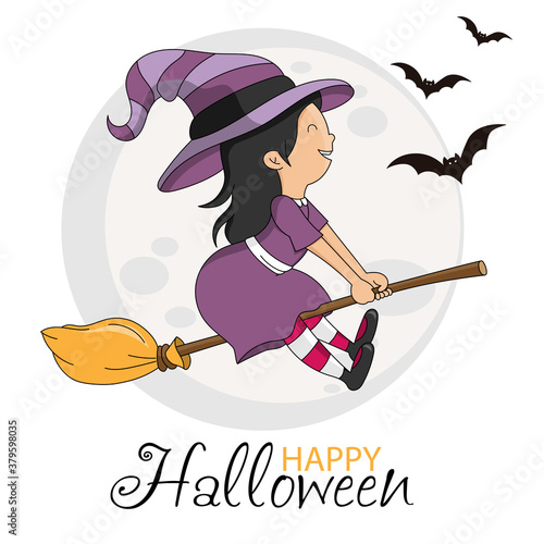 Halloween card. Witch girl flying on broomstick