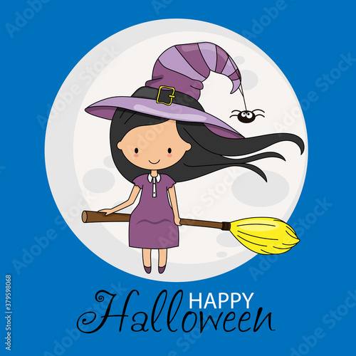 Halloween card. Witch girl flying on broomstick