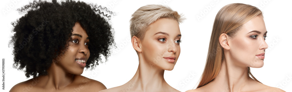 Multi-ethnic beauty. Different ethnicity and beautiful young women isolated on white background. Flyer for ad. Concept of beauty, fashion, healthcare, skincare. Interracial and multiculturalism. Multi-ethnic beauty. Different ethnicity and beautiful young women isolated on white background. Flyer for ad. Concept of beauty, fashion, healthcare, skincare. Interracial and multiculturalism.