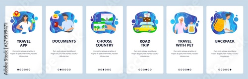 Trip planning. Travel mobile app onboarding screens, vector website banner template.