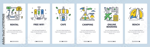 Summer camping outdoor activity. Campsite with tents, wifi, cafe. Mobile app screens, vector website banner template.