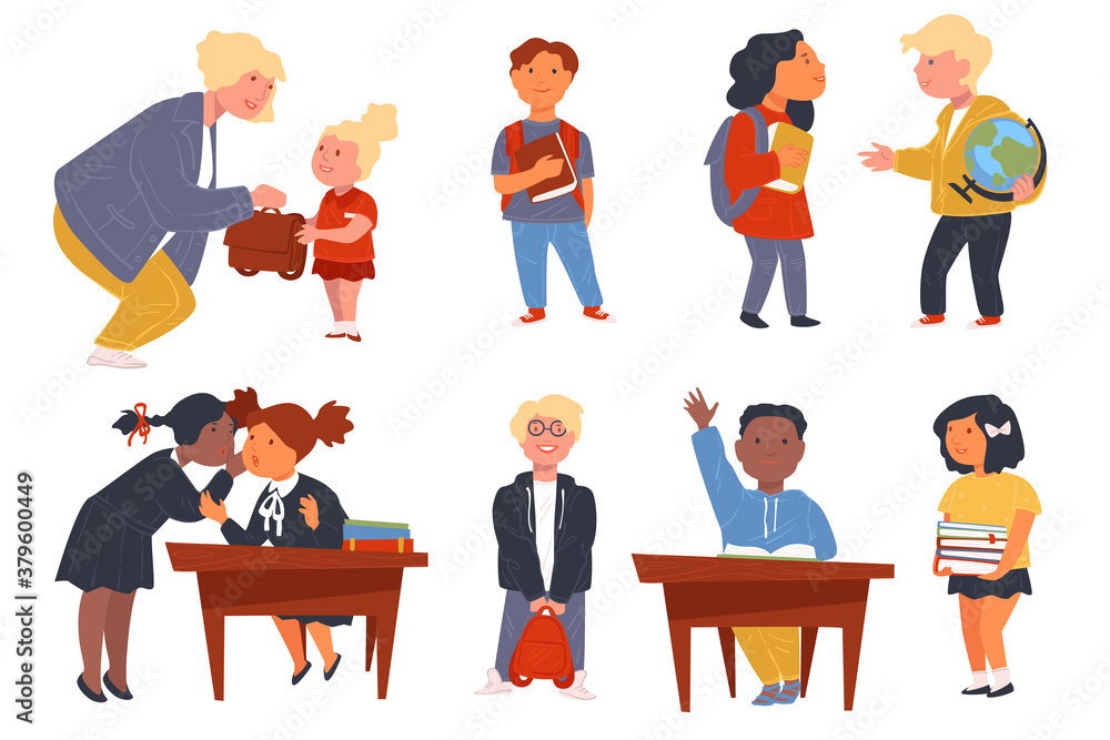 School children and teacher, kids at educational establishment with books School children and teacher, kids at educational establishment with books