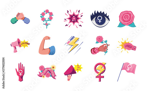 feminism detailed style set of icons vector design