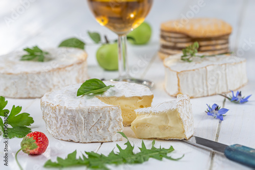Selection of different types of cheese. Tasty and fresh cheese, with glass of Cider, White wooden background