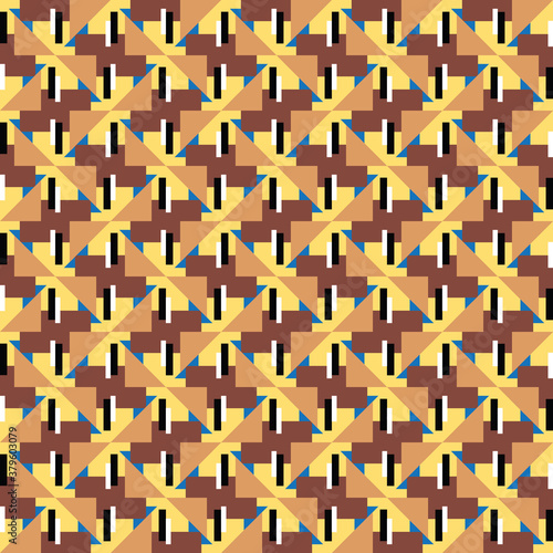 Vector seamless pattern texture background with geometric shapes, colored in brown, yellow, black, white, blue colors.