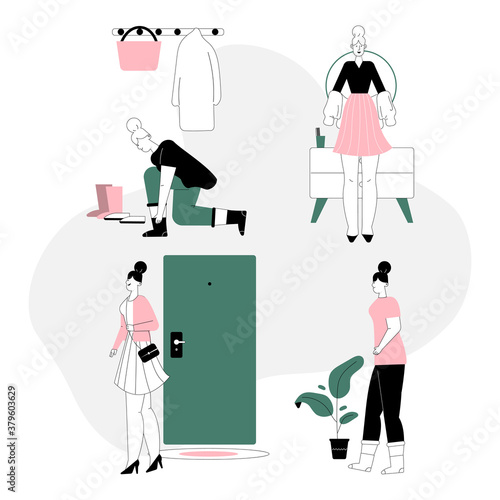 Vector linear character illustration of getting dressed and undressed