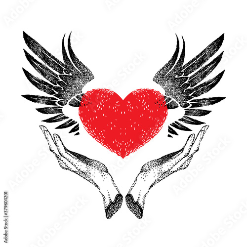 vintage graphic red heart with open black wings in hands. decorative emblem for logo, label, sign, tattoo. illustration in retro on white background.