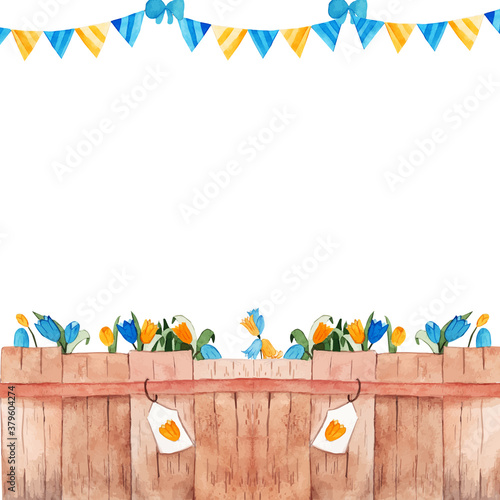 Watercolor garden fences illustration. Wooden texture. Bright natural banner. 