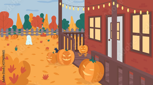 Halloween decorated yard flat color vector illustration. Seasonal spooky pumpkins on lawn. Home porch and light garland. Festive house backyard 2D cartoon landscape with autumn background