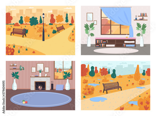 Fall in city flat color vector illustration set. Living room with fireplace. Public park with rain and puddles. Urban living 2D cartoon interior and landscape with autumn background collection