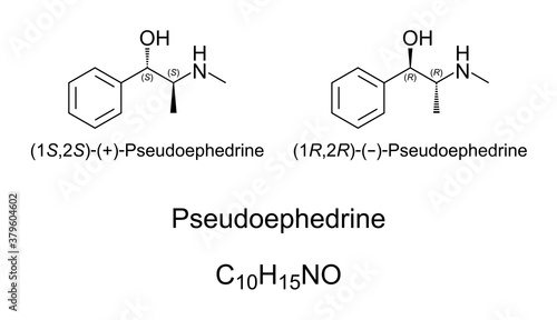 Pseudoephedrine, chemical structure. A decongestant and stimulant. Illicitly used by athletes and truck drivers as doping agent to increase their state of alertness and awareness. Illustration. Vector