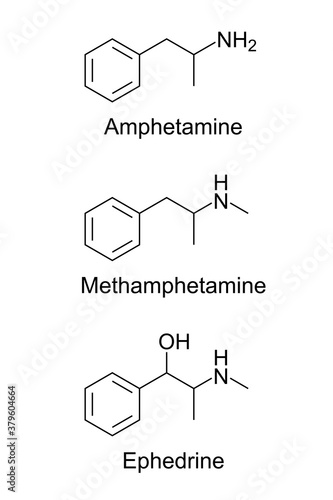 Amphetamine, Methamphetamine and Ephedrine. Racemic and simplified chemical structures without stereoisomers. Stimulants and medications, illegally used as doping agents and recreational drugs. Vector
