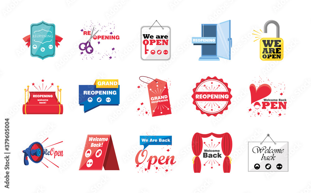 reopening detailed style set of icons vector design