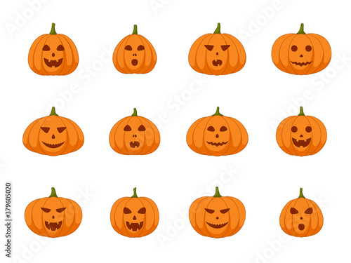 Set of halloween pumpkin with smile on white background, vector illustration