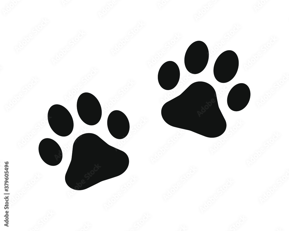 Animal paw print vector icon. Dog or cat footprint trail sign. Pet foot shape mark symbol. Petshop store or vet logo. Black silhouette isolated on white background. Animal paw print vector icon. Dog or cat footprint trail sign. Pet foot shape mark symbol. Petshop store or vet logo. Black silhouette isolated on white background.