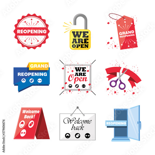 reopening detailed style icon set vector design