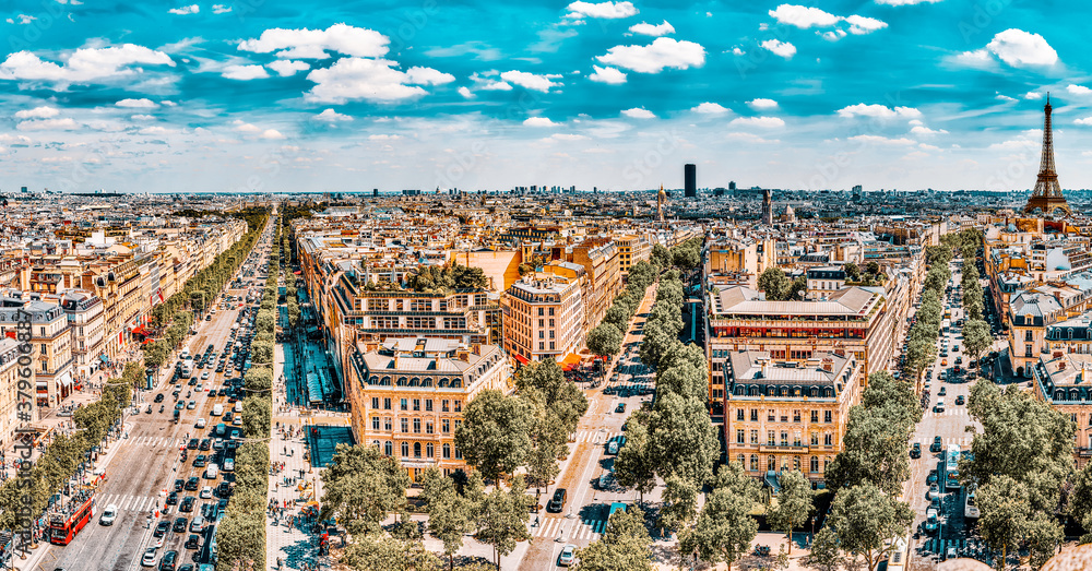PARIS, FRANCE - JULY 06, 2016 : Beautiful panoramic view of Paris from the roof of the Triumphal Arch. Champs Elysees.