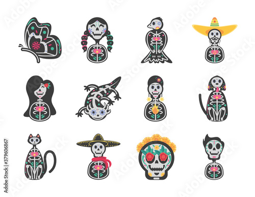 Mexican day of dead detailed style set icon vector design