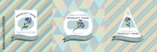 Three colored labels with illustration of forget me not flower