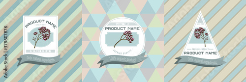 Three colored labels with illustration of rosemary everlasting