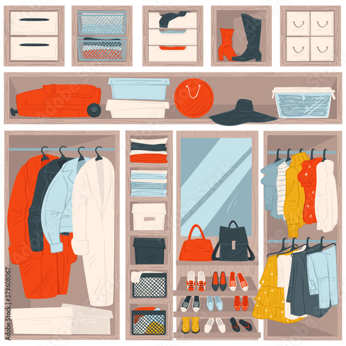 Wardrobe with accessories, bags and clothes organized clothing