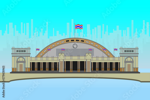 Hua Lamphong old main Bangkok railway or train station drawing in vector